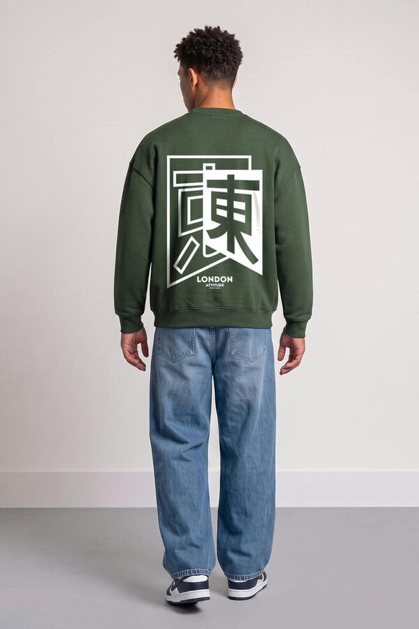 London Attitude Relaxed Fit Japanese Inspired Graphic Sweatshirt - Forest green