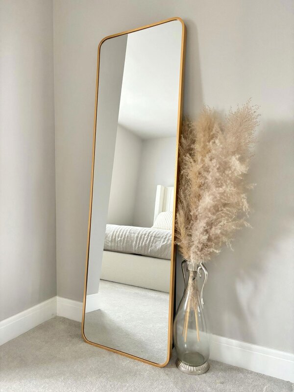 Downton Interiors Stunning Gold Rectangular Metal Frame Wall or Floor Standing Dressing Mirror 145cm x 45cm - Soho Collection