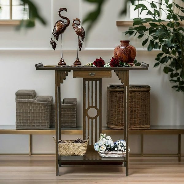 Rafaelo Mobilia Bamboo Slim Console Table With Shelf And Drawer