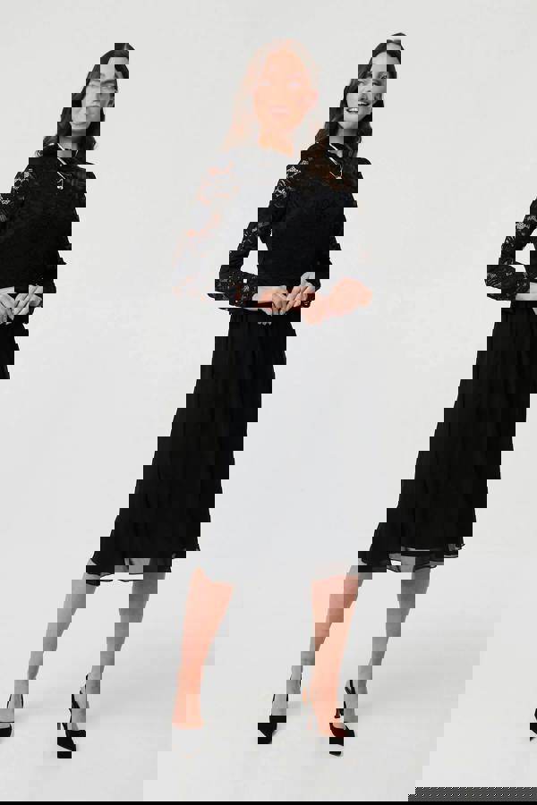 Black | Lace Semi Sheer Layer Knee Length Dress
