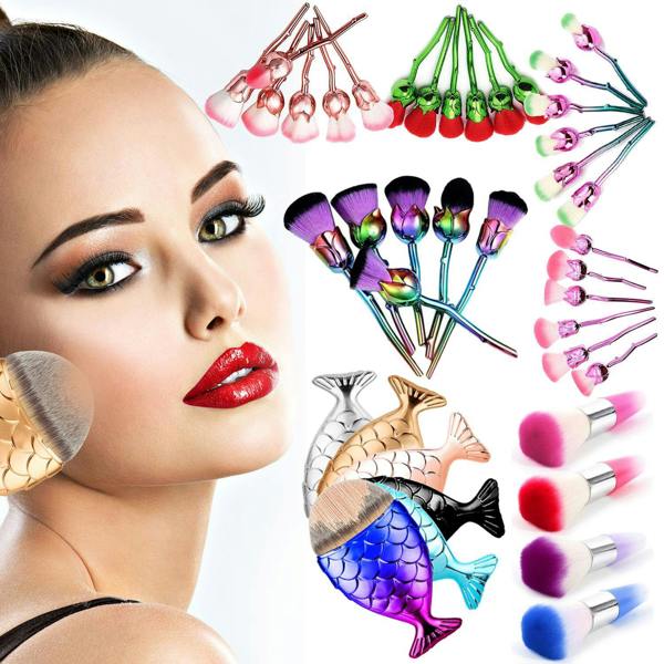 Aquarius 6pcs Rose Makeup Brush Set Pink Blue Flower Sculpted Handle Cosmetic Tool Kit