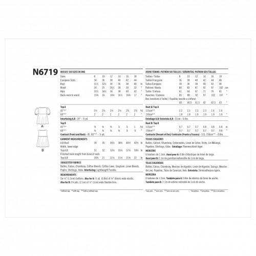 New Look Sewing Pattern 6719, Tops for Women, A (8-10-12-14-16-18) - Intermediate