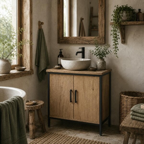 Wyld Haus Mosu Under Sink Bathroom Vanity Cabinet With Double Doors And Adjustable Shelving Oak Finish