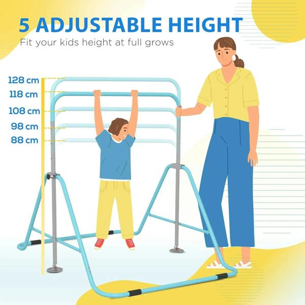 Kids gymnastic bar with adjustable height frame and light blue horizontal bar for different heights