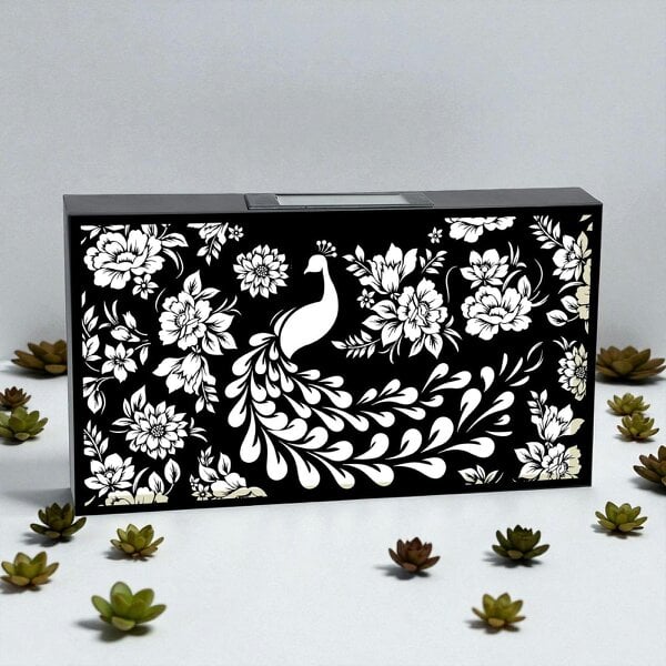 EDH Door Hardware Landscape Solar Wall Panel with Peacock – Outdoor Metal Wall Art with Warm LED Light Weatherproof Garden & Patio Décor Peacock Panel