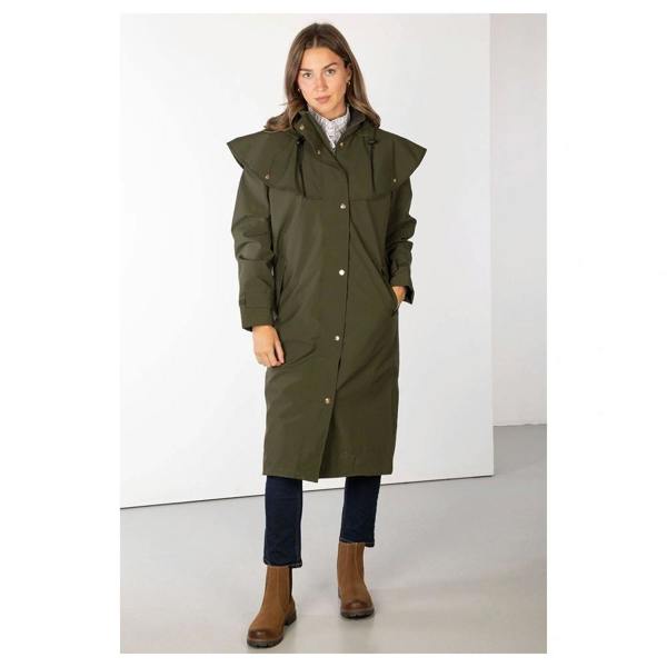 Rydale Bramham Ladies Full Length Coat in dark olive, front view worn by model