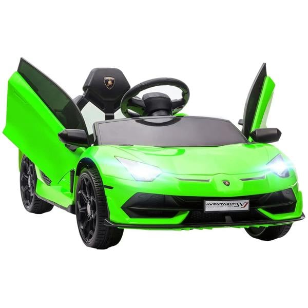 Lamborghini Aventador 12V kids electric car in bright green, front view with headlights