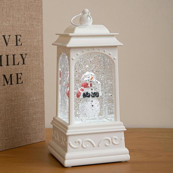 Samuel Alexander 21cm Dual Powered White Snowman Christmas Water Spinner Lantern with White LED