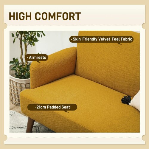 Wyld Haus Rorore Yoro Velvet Yellow Compact 2 Seater Sofa With Extra Thick Padding And Wooden Legs