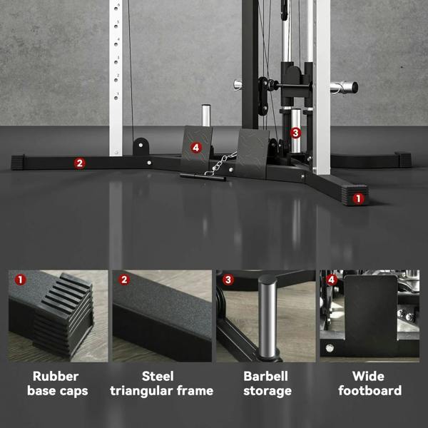 Gym machine base with rubber base caps, steel frame, barbell storage, and wide footboard