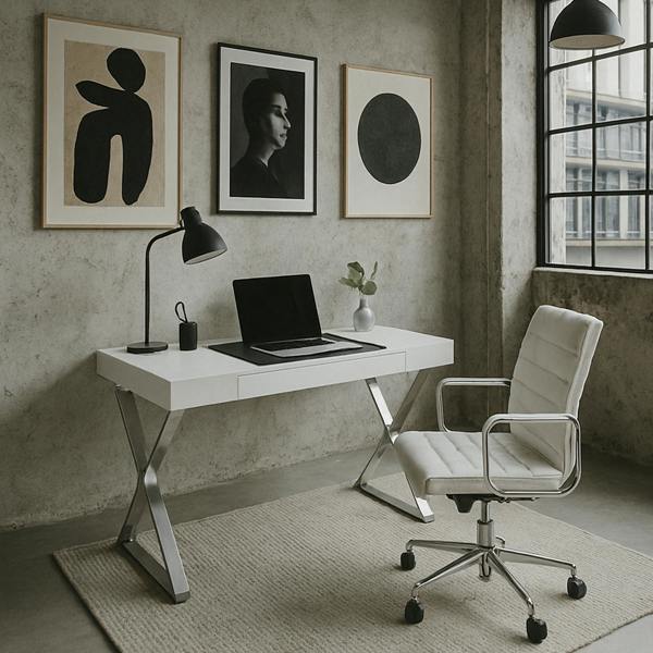 Homeology ADONIS Gloss White and Chrome Ergonomic Home Office Luxury Workstation Desk