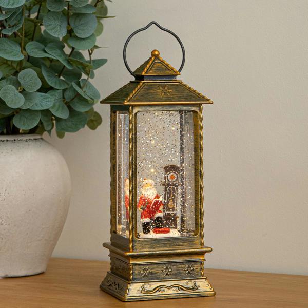 Samuel Alexander 27cm Dual Powered Antique Gold LED Christmas Water Spinner with Santa & Clock