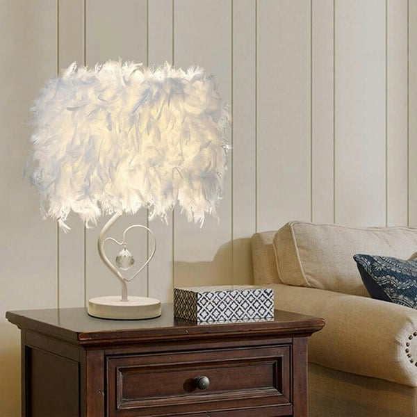White Feather Table Lamp Bedside Nightstand Lamp with Heart Shape Base Table Lamps Living and Home