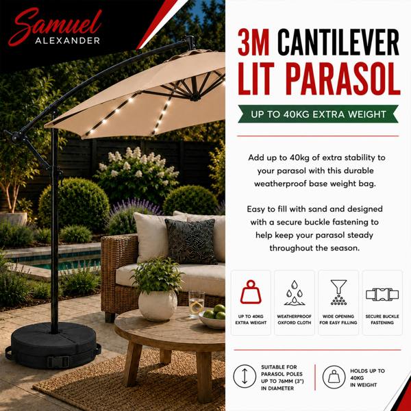 Samuel Alexander 3m Solar Powered Cantilever Lit Banana Garden Parasol with Crank Handle & White LED Lights in Beige with Base Bag Included