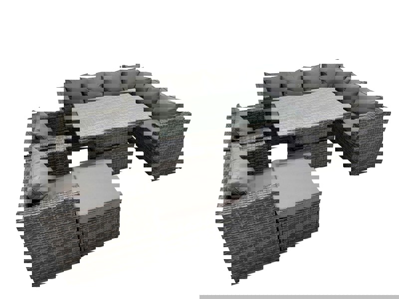 Fimous 9 Seater Rattan Height Adjustable Rising Lifting Table Corner Sofa Sets with 2 Chairs Big Stool Dark Grey Mixed