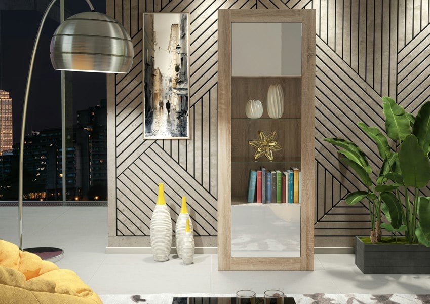 Mex Furniture Modern Display Cabinet 170cm – Oak Body & White Gloss Doors
