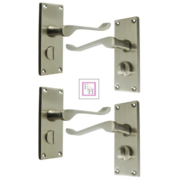 EDH Door Hardware Victorian Scroll Satin Nickel Bathroom Door Handles Set with Privacy Lock 2 Pair