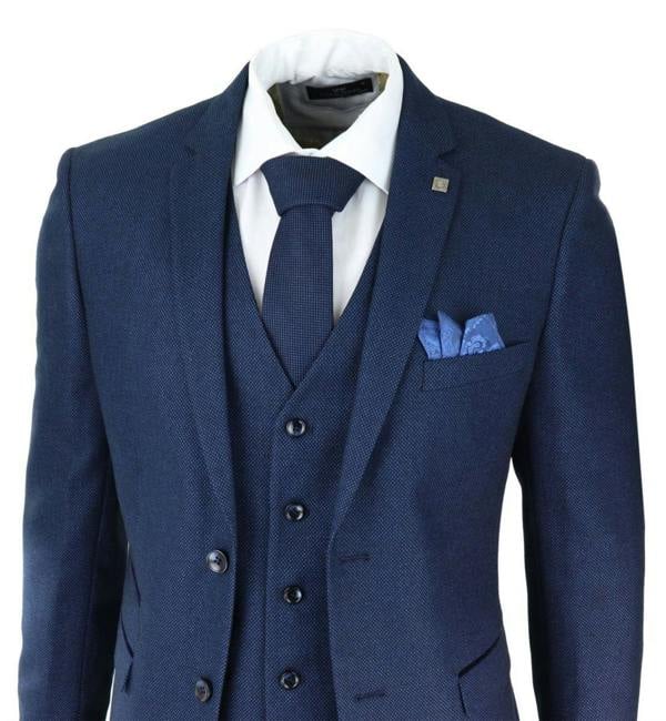 Paul Andrew Mens 3 Piece Navy Blue Birdseye Tweed Classic Suit
