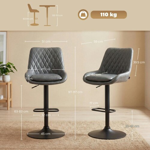 Wyld Haus Lokasa Fabric Dark Grey Adjustable Retro Bar Stools Set Of 2 With Swivel Seats