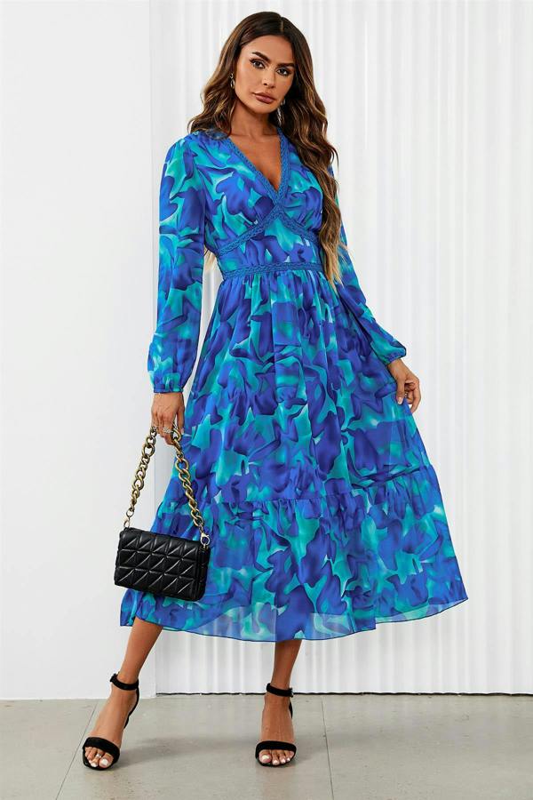 FS Collection Floral Print Long Sleeve Maxi Dress In Blue