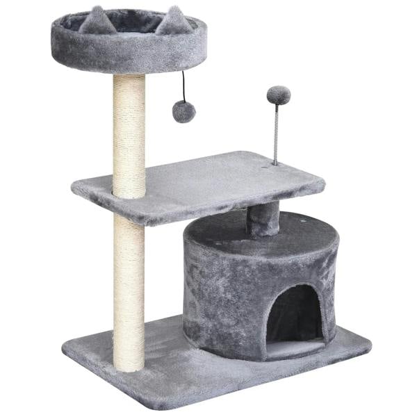 Grey cat tree with round top bed, scratching post, and lower tunnel condo perch