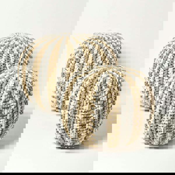 HOMESCAPES Off White and Linen Knitted Pouffe Striped Footstool