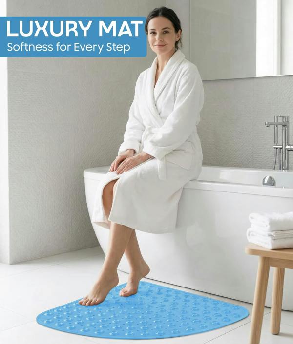 ADOV Corner Shower Mat, 54 x 54cm Curved Non Slip Bath Mat with Suction Cups and Drainage Holes