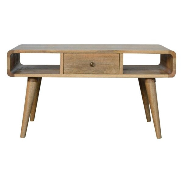 Wyld Haus Urbino Curved Oak Mango Wood Coffee Table 2 Side Drawers Open Shelves