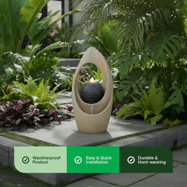 Gardenwize Solar Water Feature – Teardrop Tabletop Fountain with LED Lights & Battery Backup