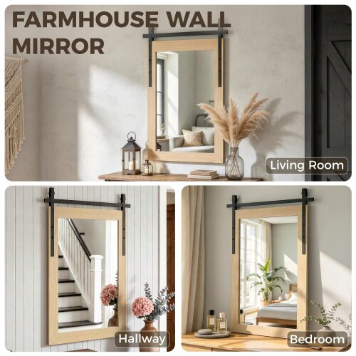 HOMCOM Farmhouse Rectangle Mirror, 110 x 66 cm, White Oak