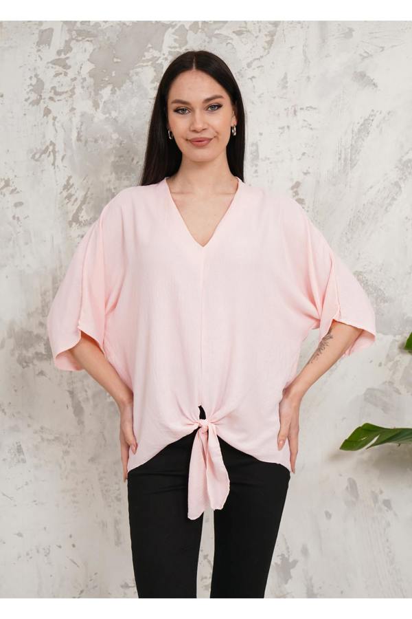 Hoxton Gal Oversized V Neck Tie Front Detailed Blouse with 3/4 Sleeves in Pink