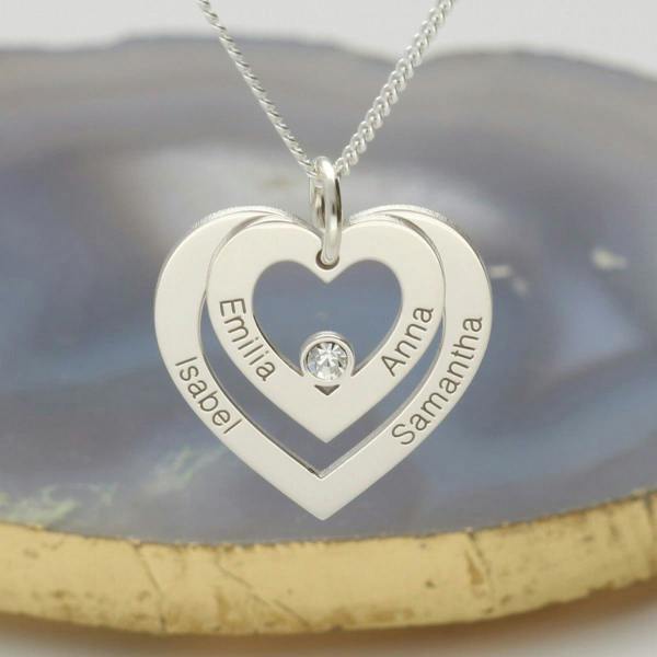Christopher James of London Sterling Silver Double Heart Personalised Necklace With Diamond