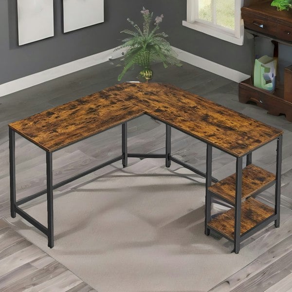 Rafaelo Mobilia Industrial Rustic L-Shaped Writing Desk With Steel Frame