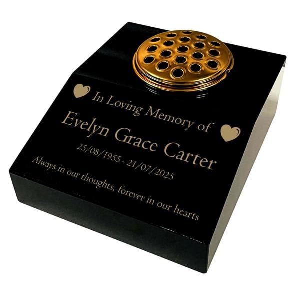 Memorials Direct Black Granite Sloping Memorial Desk with Vase – Heart Design, Free Gold Engraving