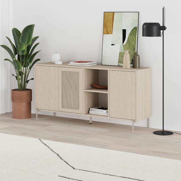 Decortie Elegant 164cm Sideboard Cabinet with 3 Soft-Close Doors, 2 Open Shelves, Laser-Cut Pattern Door, Metal Legs, Sonoma Oak