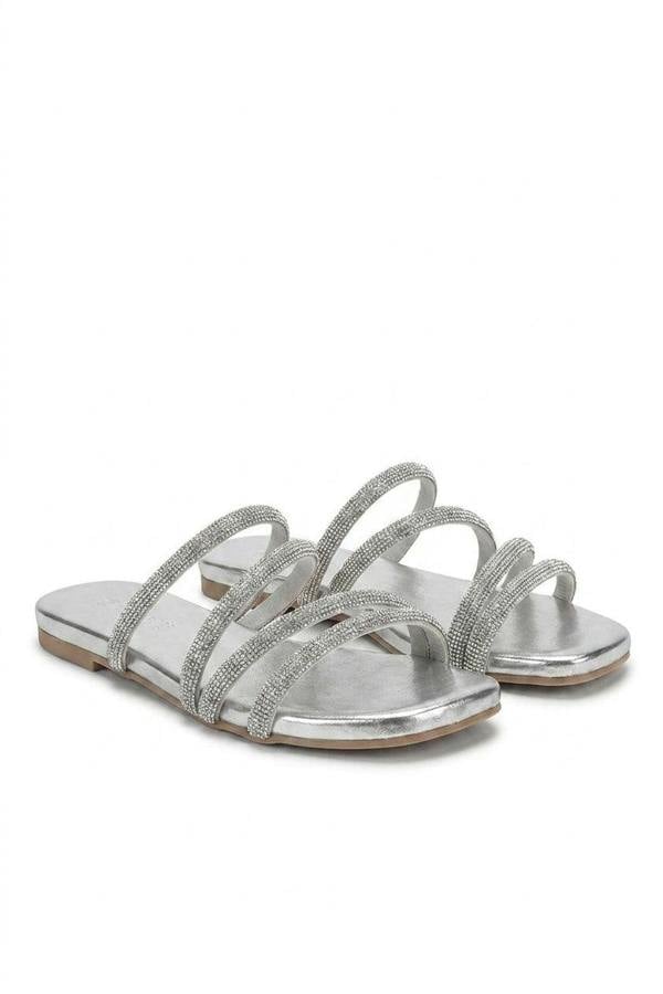 Reya Embellished Asymmetrical Strap Flat Sandals - Silver_wb