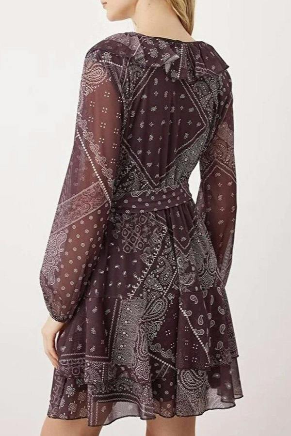 WOVCOR Boho Printed Mini Tulle Stretch Knit Dress with Ruffle Detail