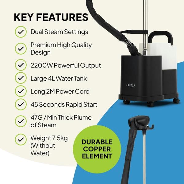 The Fridja Commercial Garment Care Trio—f1600 Steamer with hose and pole, f10 Handheld, and f40 Fabric Shaver—is shown. Features include dual steam modes, 2200W power, 4L tank, fast start-up, and a robust copper element.
