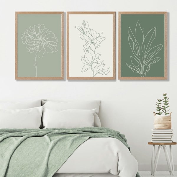 Set of 3 Sketch Flowers in Green Tones Framed Art Prints with Oak Frames