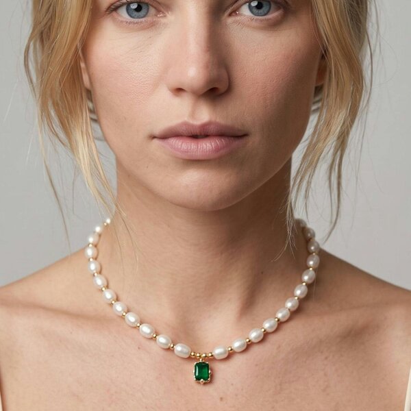 Uchi & Soto Shinju Pearl Necklace with Green Stone