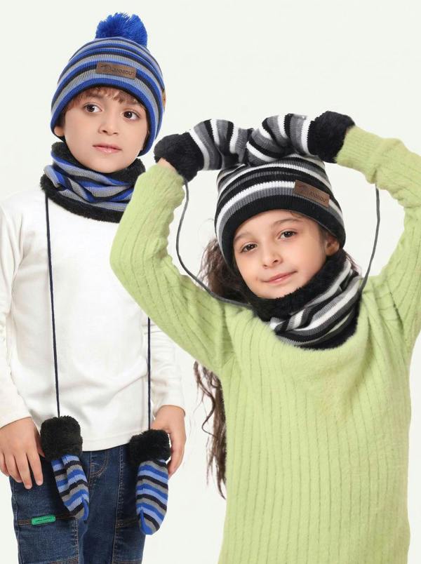 Anniou Kids Striped Knit Hat Scarf Mittens  Set