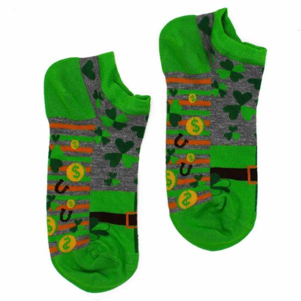 Green and gray low socks with clover pattern and dollar sign stripe graphic