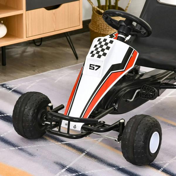 White-and-black kids pedal go-kart front wheels, steering wheel, and foot pedals