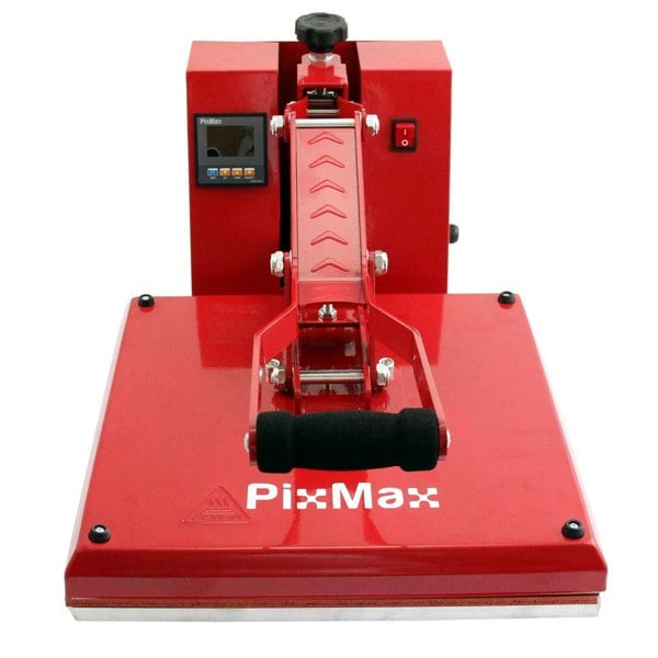 PixMax 50cm clam heat press in vibrant red, featuring a sturdy handle, digital display, and smooth, glossy surface for vinyl projects