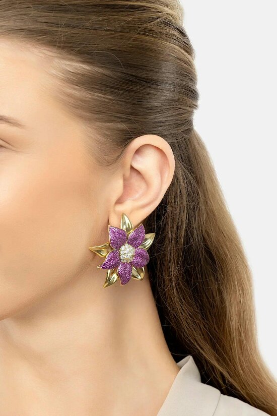 Latelita Marguerite Daisy Flower Large Stud Earrings Ruby Gold