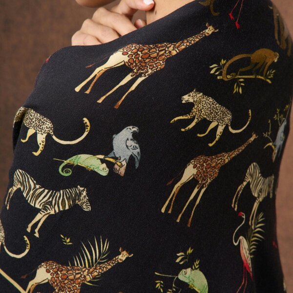 Noir Safari Wool Silk Scarf – Animal Motif Wrap, Hand-Rolled Hem, Winter Gift