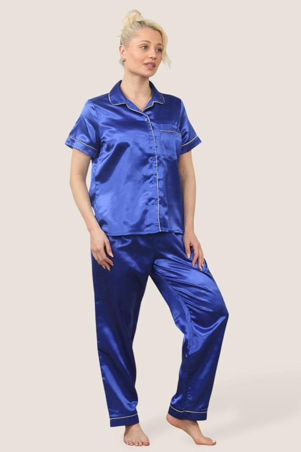 Luxe Satin Short Sleeve PJ Set – ROYAL BLUE - Elaina Fashion