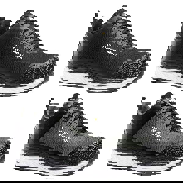 TOWORKFOR Super Set Mens/Womens Composite S1P Safety Trainers, black and gray safety shoes with breathable mesh upper and slip-resistant sole.