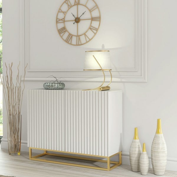 Mex Furniture Graceful White Sideboard with Fluted Fronts & Gold Legs – 100cm Storage Unit