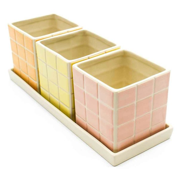 Upper Street Set of Three Warm Pastel Tile Design Ceramic Planters with Tray